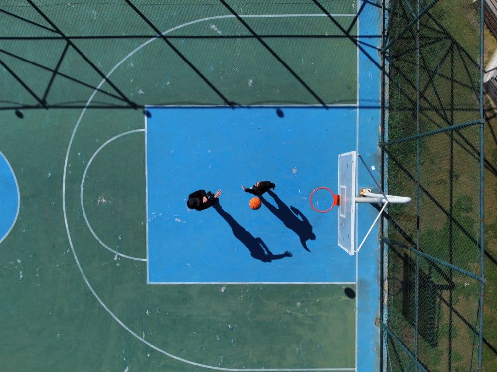 Overhead view of a basketball court