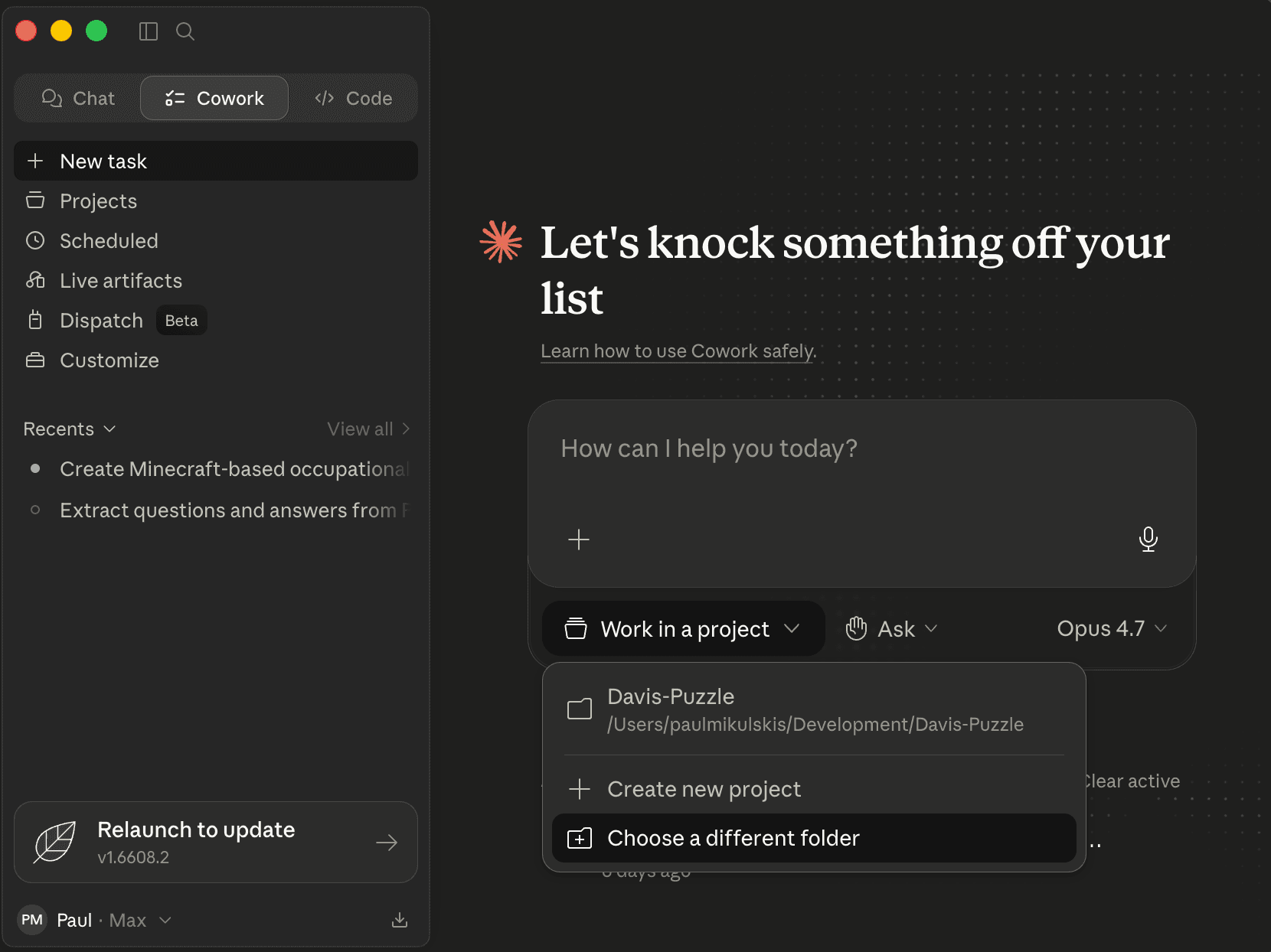 Choose a new folder for Cowork