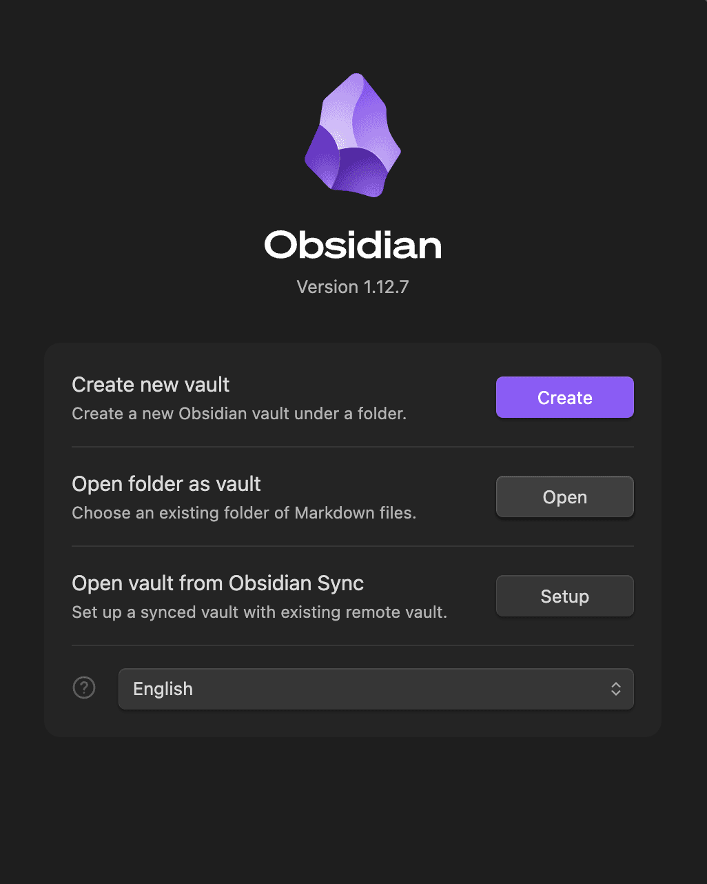 Obsidian — Open vault dialog
