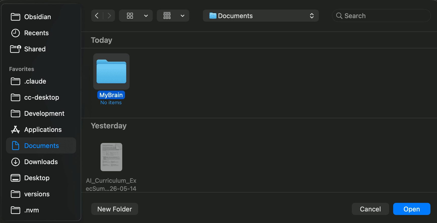 Finder — picking the vault folder for Obsidian